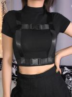 Black Gothic Sexy Women Basic Tshirt Short Sleeve Techwear O-Neck Tee Shirt Femme Summer Crop Tops With Buckle Ribbon