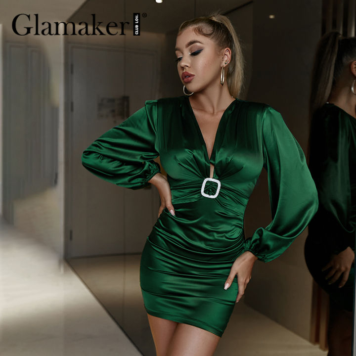 glamaker-luxurious-lantern-sleeve-satin-v-neck-green-party-dresses-elegant-rhinestone-square-buckle-slim-fold-dress-vestidos-new