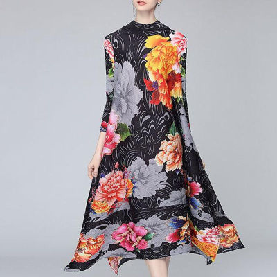 เดรสราตรี2023ชุดผู้หญิงแบบจับจีบแขนยาวทรงหลวมพิมพ์ลายดอกไม้สีดำแฟชั่นขั้นสูง