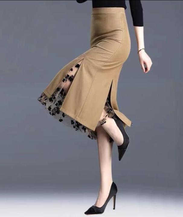 women-irregular-mesh-tight-skirt-band-splice-high-waist-skirts-knee-split-office-lady-suit-skirt