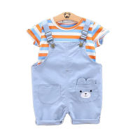 Summer Children Cotton Baby Boy Girl Clothes Cartoon Stripe T Shirts Bib Shorts 2Pcssets Infant Kids Fashion Toddler Tracksuits