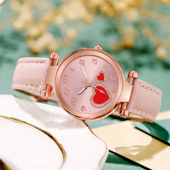 ใหม่นาฬิกาของผู้หญิงรักนาฬิกาพีชหัวใจนาฬิกาของผู้หญิง-f-rosted-สายหนังนาฬิกาของผู้หญิง