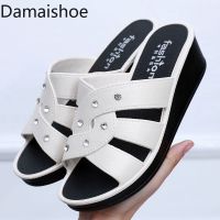 Womens High Heel Slippers Summer Wear Thick Bottom Fashion Home Non-Slip Mother Shoes Soft Bottom Social Wedge Women Sandals