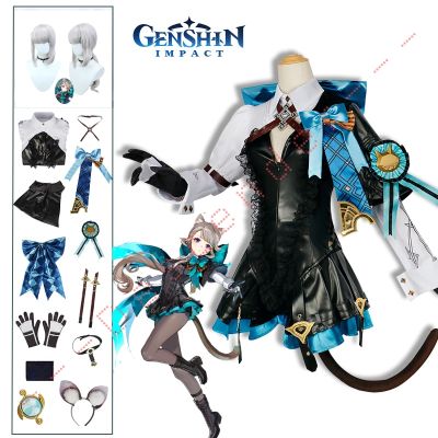 Lynette Cosplay Genshin Impact Costume Wig Fontaine Lyney Leather Uniform Dress Long Hair Ears Skirt Glove Outfit Tail Magician