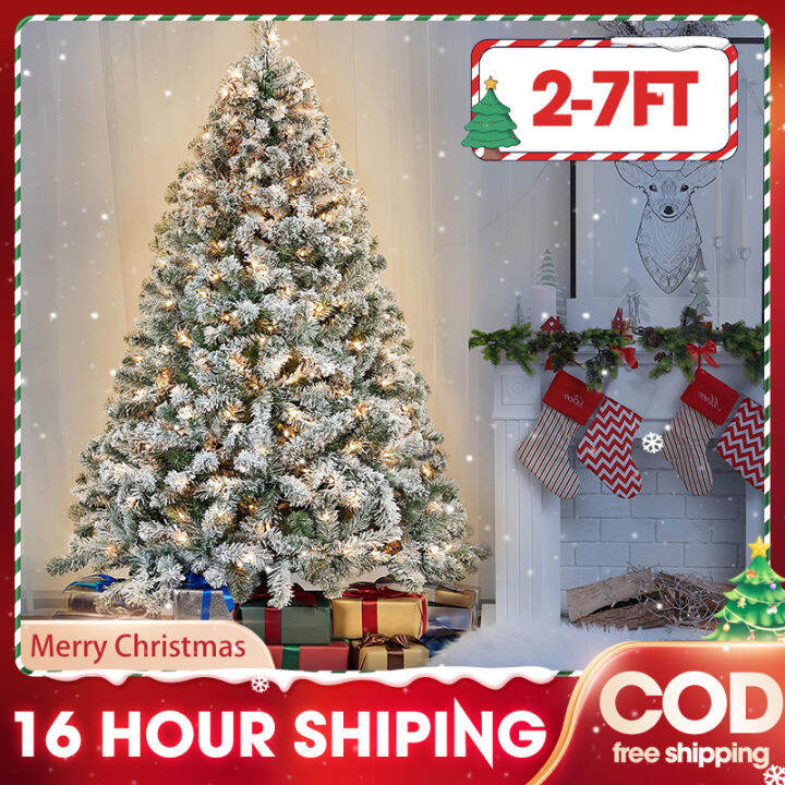 Christmas Tree with Incandescent Warm White Lights Snow Flocked Full