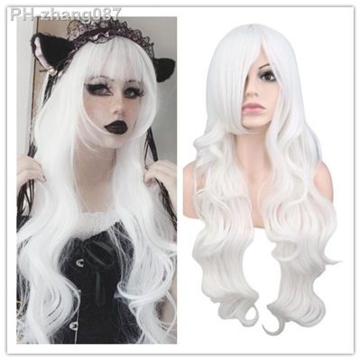 QQXCAIW Long Wavy Cosplay Wigs For Women Party Costume Black White Red Pink Blue Blonde Orange Synthetic Hair Wigs with Bangs