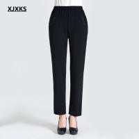 XJXKS 2022 Summer New High Elastic Waist Womens Ninth Pants Pure Black All-match Lady Bottoms