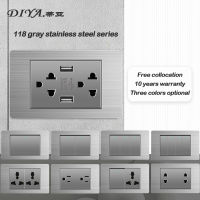 DIYA Outlet Socket for Wall 1/2/3/4 Gang 1/2 Way Wall Switch for Light 15amp Universal Outlet Socket with Switch Gray Modern Switch Light for House Electrical Switch and Outlet Panel 3 Pin Multiple Sockets Plug with USB Port 220V Dimmer/doorbell Switch