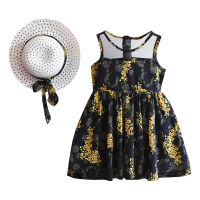 3~8 Year Baby Kids Girls Dresses Summer Sleeveless Lace Floral Printed Princess Transparent Dress Hats 2pcs Kid Girls Outfits