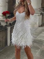 Fashion Festival Women Sling Sequined Dress Sleeveless V Neck Tassels Feather Club Party Spring Short Summer Dress Streetwear