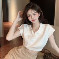 Korean lapel slim slimming all-match short belly knit sweater polo collar T-shirt women