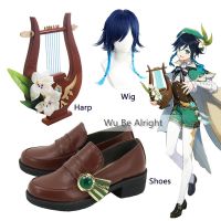 Genshin Impact Venti Game Cosplay Shoes PU Leather Boots Custom-Made Venti Cosplay Wig Props Weapon Harp Halloween Accessories