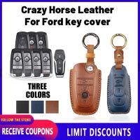 คุณภาพสูง Crazy Horse หนังสำหรับ Ford Key Cover Remote Key Case พร้อม Key Holder Fod พวงกุญแจ Creative Alloy โลหะ Everest Ranger Fiesta Escape Explorer Expedition Focus Escort Ecosport Mustang E150 Lynx Expedition EL Explorer Sport