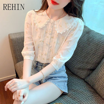REHIN เสื้อเชิ้ตแขน3/4สำหรับผู้หญิง,เสื้อเชิ้ตผ้าชีฟองคอตุ๊กตาสง่างามเสื้อแฟชั่นสไตล์เกาหลีแบบใหม่ฤดูร้อน