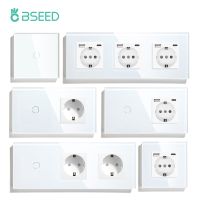 BSEED 1/2/3Gang Touch Switch 1Way Light Switches EU Wall Socket USB Type-c Electric Sockets Glass Panel Blue Backlight Power Points  Switches Savers