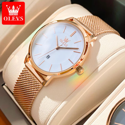 OLEVS กันน้ำนาฬิกาผู้หญิง 2023 ล่าสุด Ultra-thin Original Simple เกาหลีเกาหลีหรูหราสบายๆปฏิทิน Rose Gold Steel Band