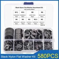 580PCS Black Nylon Flat Washer Assortment Kit M2 M2.5 M3 M4 M5 M6 M8 M10 M12 Plastic Plain Spacer Insulation Gasket Ring