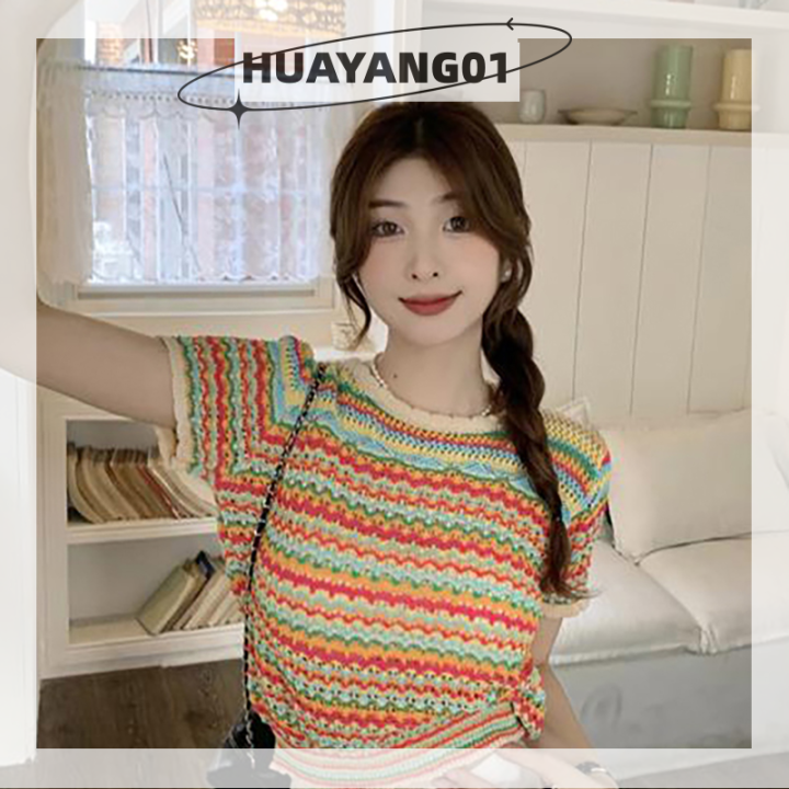 huayang01-2023-new-hot-fashion-lazlook-เสื้อยืดถักลายทางย้อนยุคสำหรับผู้หญิงคอกลมแขนสั้นทรงหลวม