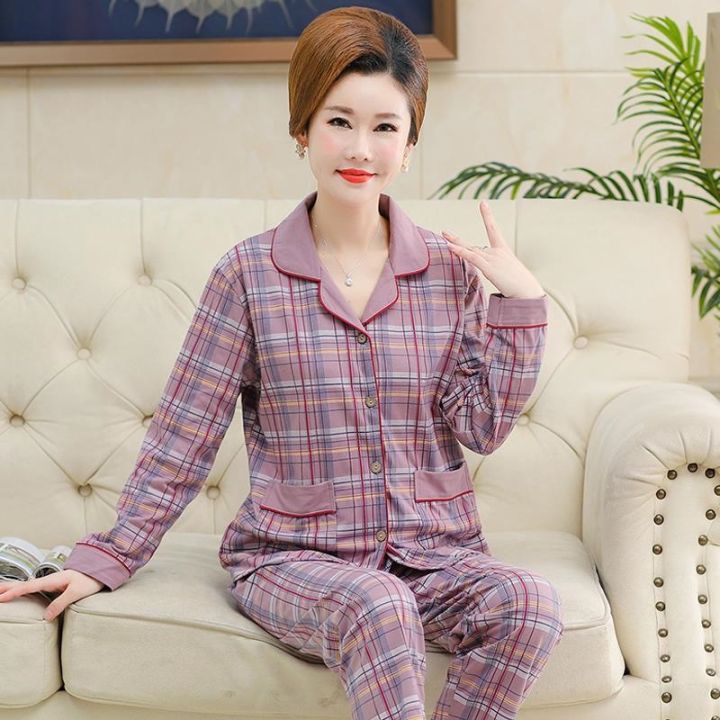 muji-high-quality-antarctic-mother-pajamas-womens-long-sleeved-middle-aged-womens-cotton-cardigan-middle-aged-and-elderly-spring-and-autumn-home-clothes-set