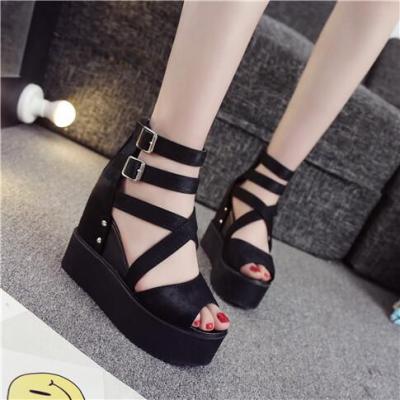 Korean Womans Wedges Bandage Black 8cm Heels Shoes Light Comfy Women Sandals Size 35-39