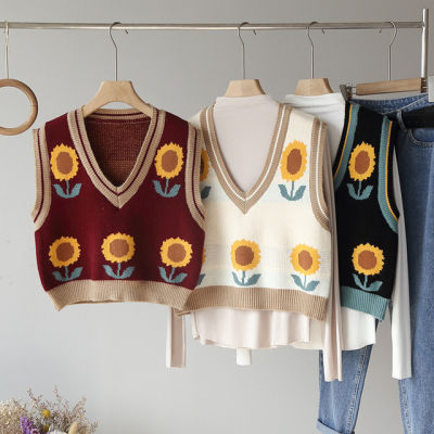 Knitted Vest 176063autumn Womens Waistcoat V-Neck Sunflower Flower Sweater
