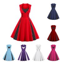 HOT11★Women Vintage Dress Retro Rockabilly tail Party Polka Dot Dress Pleated 1950s 40s Swing Dress Summer Dress Sleeveless