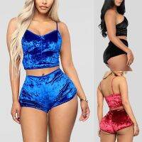 【JH】Fashion Women 2pcs Velvet Sleepwear Sexy Spaghetti Strap Velvet Shorts Pajama Set Ladies Sleepwear female Pajama Party Set