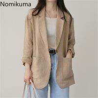 Nomikuma ผ้าฝ้ายผ้าลินินเสื้อผู้หญิง2022มาใหม่ Ropa Mujer สีทึบปุ่มเดียวแขนยาวแจ็คเก็ตลำลองทุกการแข่งขัน