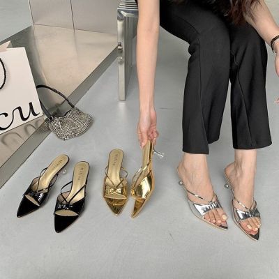 2023 Summer New Pointed Toe European and American Fashion Slippers Thin Patent Leather Transparent Crystal Heel Sandals Thin Heel Mid-High Heel