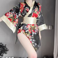 Japanese Kimono Sexy Cosplay Outfit Women Traditional Bathrobe Yukata Costumes Pajamas Soft Silk Belt Lingerie Set Black Red New