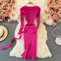 OCEANLOVE  Autumn Winter Dress for Women Solid Sashes Bandage Sexy Knitting Robe Femme Buttons Elegant Vestidos Retro