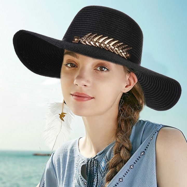 cod-sun-protection-hat-female-korean-version-fashion-all-match-straw-gold-leaf-high-end-atmospheric-seaside