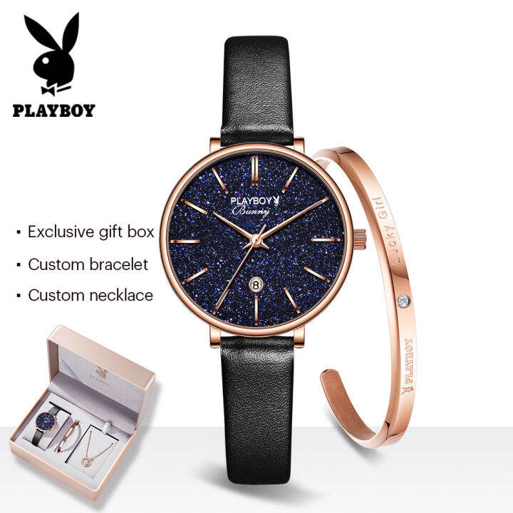 playboy-เซ็ตนาฬิกาสำหรับผู้หญิงซื้อ1แถม2ฟรีสร้อยคอกำไล2023ขายร้อน-classic-star-กันน้ำวันที่แสดง-milanese-สายรัดเหล็ก-หนัง