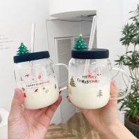 Mason Jars Christmas Glsss for Drinking Cup with Lid Reusable Glass Tea Coffee Boba Smoothie Cup with Straw Cup Water Bottle