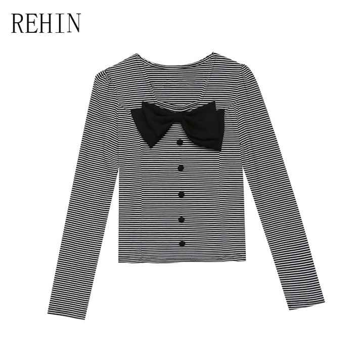 rehin-เสื้อยืดแขนสั้นทรงสลิมฟิตของผู้หญิง-เสื้อคอปกผูกโบว์เวอร์ชันเกาหลีใหม่ฤดูใบไม้ผลิและฤดูร้อน