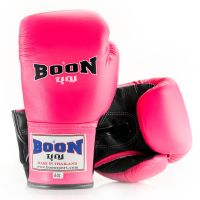 BOON Lace up Gloves  8,10,12,14,16 oz Pink-Black plam Competition MuayThai MMA K1  นวมแข่งขัน บุญมวยไทย ทำจากหนังแท้ นวมเชือก สีชมพู-ดำ