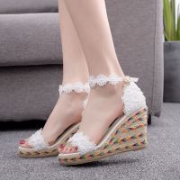 9 cm lace fish mouth wedge sandals white wedge sandals size code word strap sandals women wedding shoes