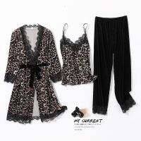 Conjunto De Pijamas De Terciopelo De 3 Piezas Para Mujer,Ropa De Dormir เซ็กซี่ Con Encaje De Leopardo,Albornoz Suelto,Ropa De Salón ทางการ Para El Hogar,Otoño E Invierno