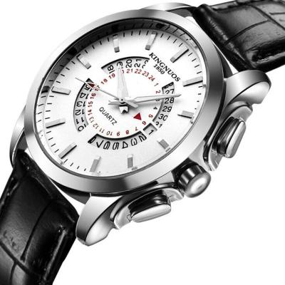 KINGNUOS นาฬิกาผู้ชายสแตนเลสนาฬิกาข้อมือสำหรับผู้ชายควอตซ์ปฏิทินวันที่นาฬิกาข้อมือหนังแท้กันน้ำแฟชั่น