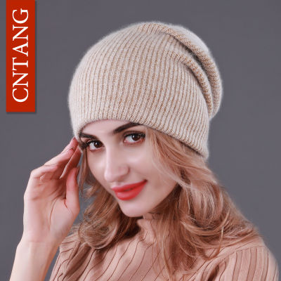 CNTANG 2021 Winter Warm Rabbit hair Knitted Hats For Women Double layer Autumn Fashion Caps Female Hat With Skullies Beanies