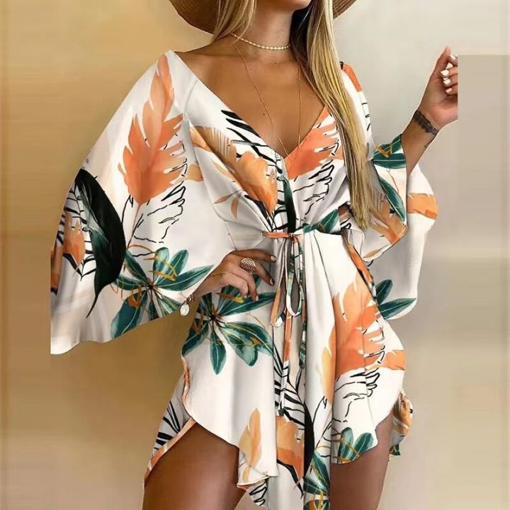 2023-new-summer-beach-elegant-women-dresses-sexy-v-neck-lace-up-floral-print-mini-dress-casual-flared-sleeves-ladies-party-dress