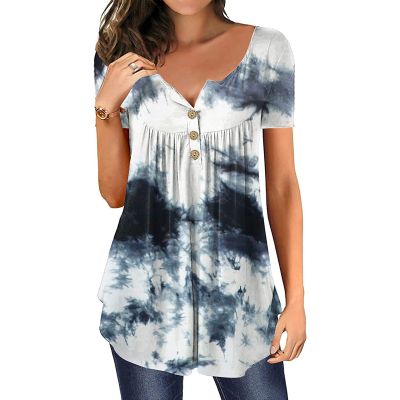 Tie Dye Tops ผู้หญิง2021 Casual PLUS ขนาด blusa feminina O-Neck พิมพ์หลวมปุ่ม Tunic เสื้อเสื้อ vetement Femme