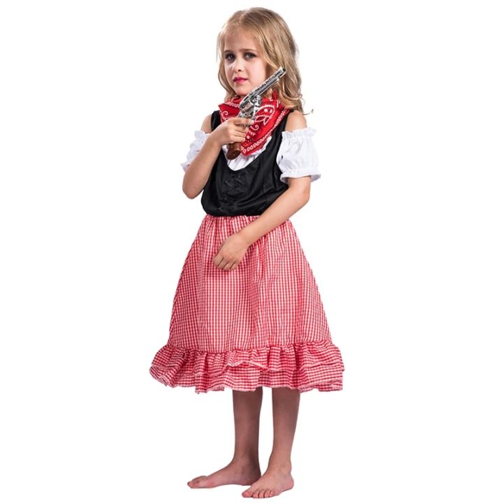 สาวคาวบอยตะวันตกคอสเพลย์ชุดฮัลโลวีน-ชุดเดรสลายสก๊อตเด็กพร้อมผ้าพันคอคาร์นิวัลปาร์ตี้