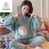 UAZGEO โคซี่ สำหรับสาวๆ หมีแพนด้า สับปะรด ฤดูใบไม้ร่วงฤดูหนาว Homewear การ์ตูนชุดนอน ขนแกะปะการัง ชุดนอนเกาหลี ผู้หญิงชุดนอนชุด