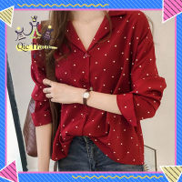 【Fast Delivery ?】Women Long Sleeves Lapel T-shirt Casual Loose Polka Dot Tunic Tops Single Breasted Cardigan Chiffon Blouse✨