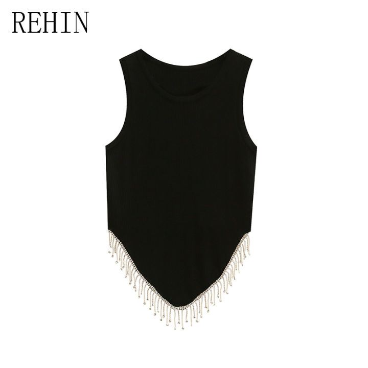 rehin-เสื้อยืดแขนสั้นสำหรับผู้หญิง-เสื้อแฟชั่นใหม่อเนกประสงค์เข้ารูปเรียบง่ายเสื้อสวมหัวแขนกุดถักด้วยเพชรแบบไม่สม่ำเสมอเสื้อกั๊กลำลองฤดูร้อน