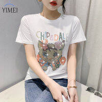 YIMEI เสื้อยืดผู้หญิงลายเพชรต่างหูรูปสัตว์อุตสาหกรรมหนัก,ผ้าฝ้ายลำลองแฟชั่นฤดูร้อน2023