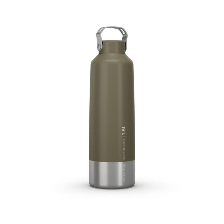 พร้อมส่ง-ขวดน้ำสเตนเลสสตีลสำหรับการเดินป่า-stainless-steel-hiking-flask-with-screw-cap-mh100-1-5-l-khaki