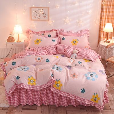 [COD] Factory wholesale 2021 Korean style lace thickened brushed plant cashmere bed four-piece bedding set spot