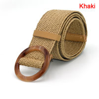 Retro Bohemian Wide Belt Round Square Wooden Buckle Wild Woven Belt Female Leopard Buckle Linen Woven Womens Fake Straw Belt